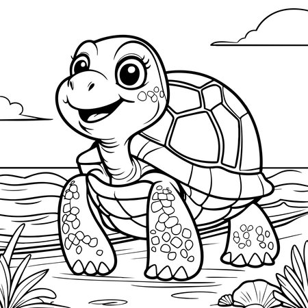 Happy turtle at the beach with detailed shell and ocean viewのイラスト素材