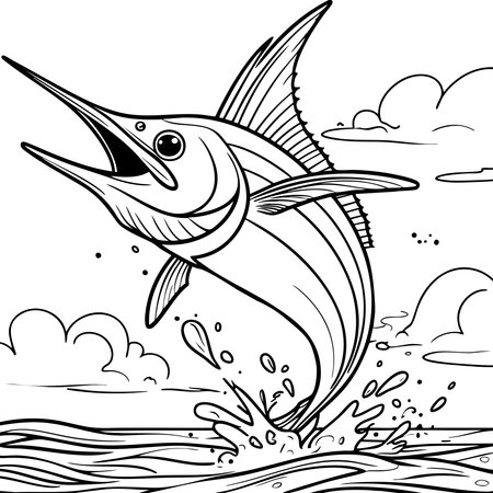 A swordfish jumps out of the ocean with big splashes and clouds in the backgroundのイラスト素材