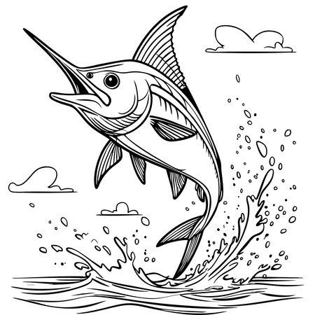 A dynamic illustration featuring a marlin fish leaping high above the sea's surface. The image highlights the marlin's sleek body and iconic fins, with detailed splashes of water surrounding it. The background showcases a bright sky with soft clouds, creating a vibrant and lively natural scene. Perfect for a coloring page that combines elements of the ocean and the captivating beauty of marine life.のイラスト素材