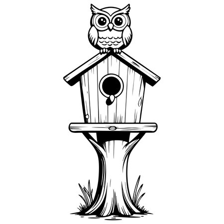 Black and white drawing of a rustic birdhouse with big-eyed owl sitting on roof under starry skyのイラスト素材