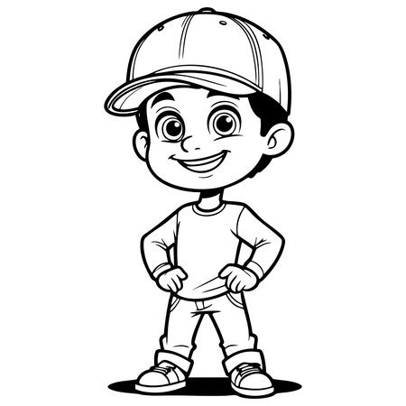 Happy cartoon boy standing confidently with cap, long sleeve shirt, and sneakersのイラスト素材