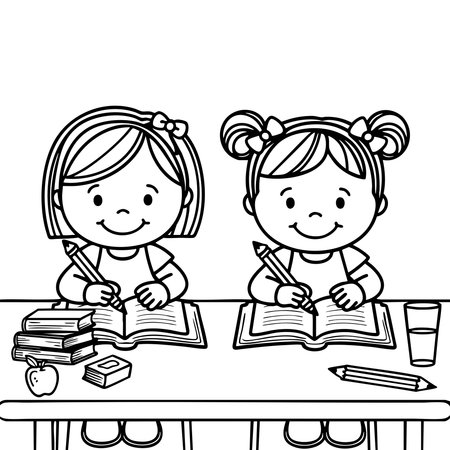 Cartoon children studying, sitting side by side with books and an appleのイラスト素材