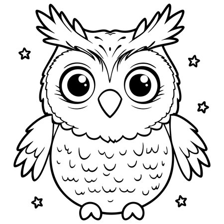 A wide eyed owl cartoon surrounded by little stars, giving it a magical and night themed vibe for creative coloring funのイラスト素材