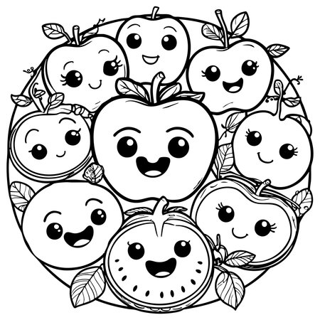Smiling apples and fruits in a round design perfect for coloring funのイラスト素材