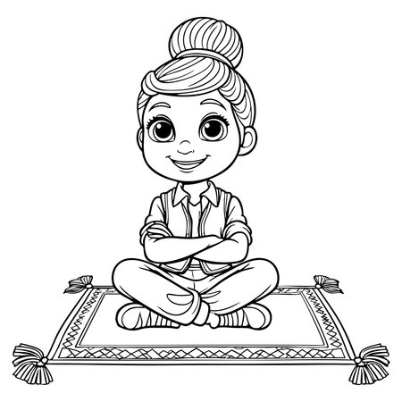 Adorable girl sitting cross legged on a rug with a big smile, ideal for coloring activityのイラスト素材
