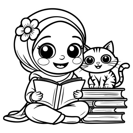Sweet hijabi girl reading a book with her kitten beside her on booksのイラスト素材