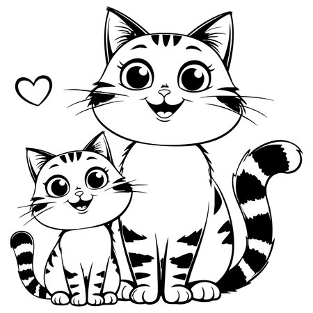 A loving cat and her kitten with big eyes and stripes, sitting side by sideのイラスト素材