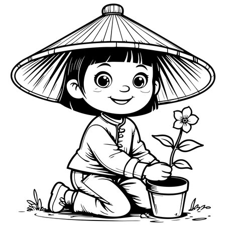 Cute Asian girl planting flower in a pot while smiling and wearing a straw hatのイラスト素材