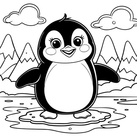 Cute penguin smiling on an ice floe with mountain background, fun for coloringのイラスト素材