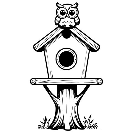 Black and white line art of an owl sitting on a birdhouse atop a tree with grass at the baseのイラスト素材