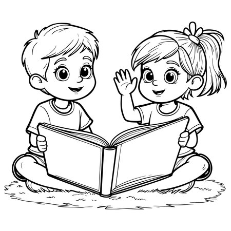 Smiling boy and girl reading outdoors on grass, perfect for educational coloring funのイラスト素材