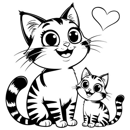 A big cat and small kitten with a heart symbol aboveのイラスト素材