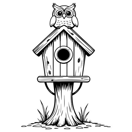A cute owl perched atop a rustic birdhouse, perfect for coloringのイラスト素材
