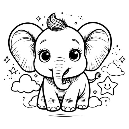 Another cute baby elephant with smiling stars and clouds in a playful background. Great for toddlers' coloring activitiesのイラスト素材