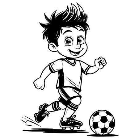 Lively boy running with a soccer ball, great for printable sports themed coloringのイラスト素材