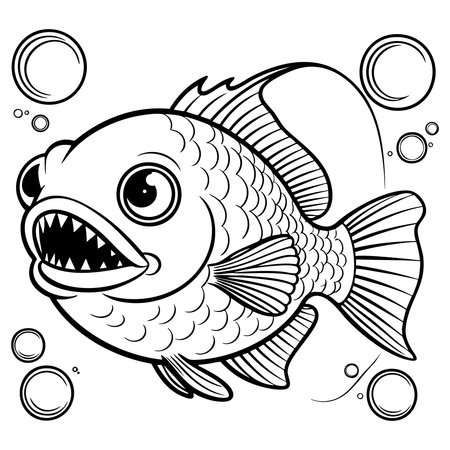 Cartoon style fish with big eyes and sharp teeth surrounded by bubbles, perfect for fun or underwater themed coloringのイラスト素材