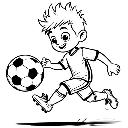 Cartoon boy kicking a soccer ball with joy and energy in a sporty outfitのイラスト素材