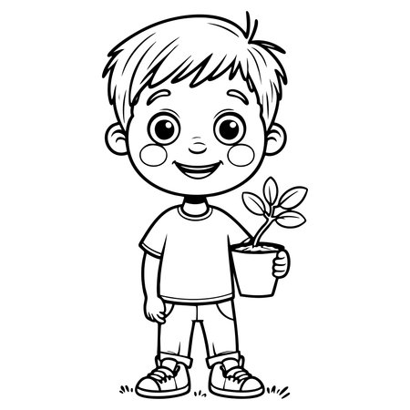 A cheerful young boy with short spiky hair stands proudly beside a green potted plant, wearing casual clothes and sneakersのイラスト素材