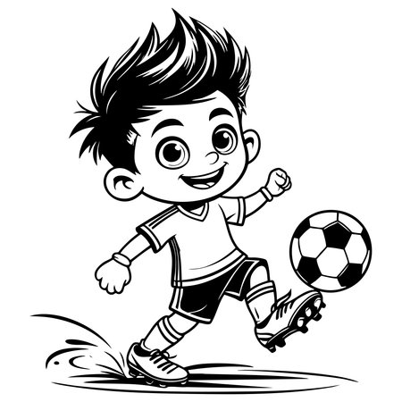 Energetic cartoon boy in motion kicking a football with a wide grin and sporty attireのイラスト素材