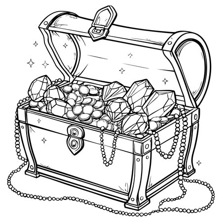 Open treasure chest full of gold coins, sparkling gems, and pearl necklacesのイラスト素材