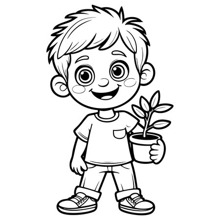 Boy smiling while holding a potted plant, great for fun educational coloringのイラスト素材