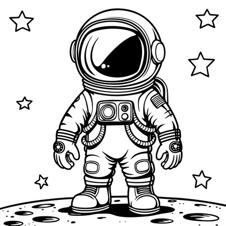 Astronaut in full gear on moon with stars floating around, perfect for kidsのイラスト素材