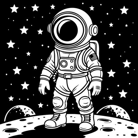A young astronaut on the moon with stars and planets in the distance, perfect for coloring funのイラスト素材