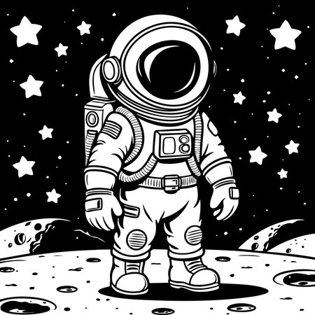A charming astronaut stands on the moon with a beautiful background of stars in a night skyのイラスト素材
