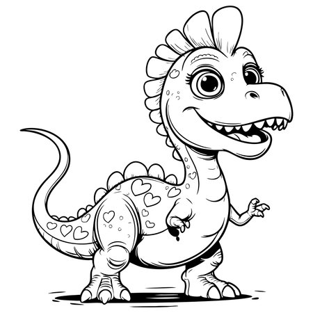 A happy cartoon dinosaur with heart spots and big eyes, ideal for dinosaur loving kids' coloring pagesのイラスト素材