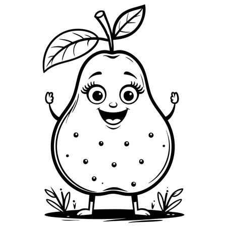 Cheerful pear character with smiling face big eyes and waving arms perfect for kids fruit coloring pagesのイラスト素材