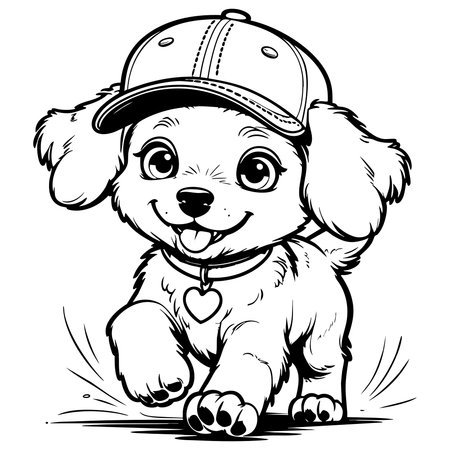 Adorable puppy with cap and heart collar smilingのイラスト素材