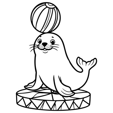 Happy circus seal balancing a ball great for fun coloring activityのイラスト素材
