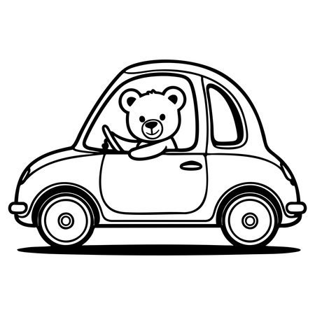Cute bear sitting in a car perfect for kids coloring activityのイラスト素材