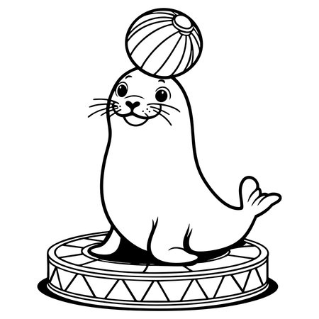Happy seal balancing a ball on its head for fun coloringのイラスト素材