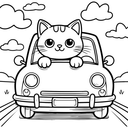 Funny cat driving car cute animal cartoon style coloring page perfect for kids and childrenのイラスト素材