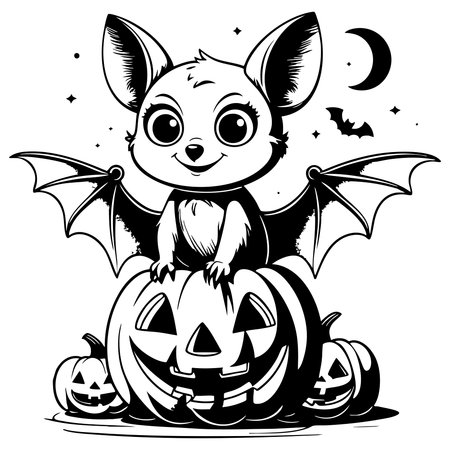 Adorable bat with big eyes sitting on jack o lantern pumpkins smiling under moon and starsのイラスト素材