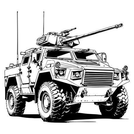 A detailed armored combat vehicle with big wheels mounted gun turret illustration in black and white coloringのイラスト素材