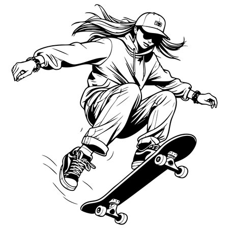 Girl skateboarder jumping high performing street trick for kids coloring book and fun activityのイラスト素材