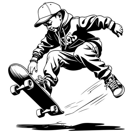 Cool boy wearing hoodie and cap performing skateboard trick in urban style drawingのイラスト素材