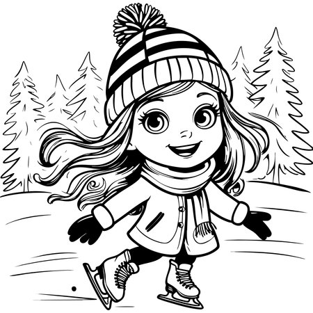 Smiling little girl skating outdoors wearing striped hat scarf and coat enjoying snowy wintertimeのイラスト素材