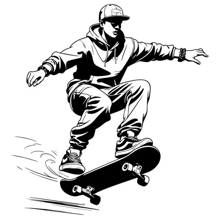 Cool boy wearing hoodie and cap performing skateboard trick in urban street style artのイラスト素材
