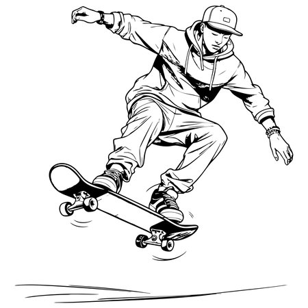 Skater boy performing mid air jump trick with skateboard in casual outfitのイラスト素材