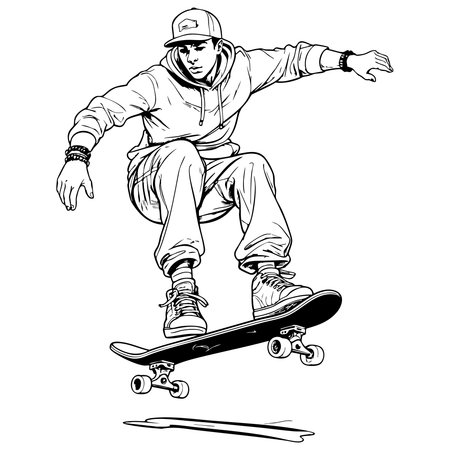 Young man in hoodie and cap performing skateboard jumpのイラスト素材