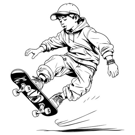 Teen boy in hoodie and cap jumping high with skateboardのイラスト素材