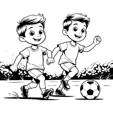 Two cheerful boys running together while playing soccer outsideのイラスト素材