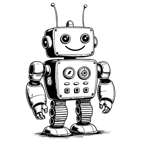 Vintage cartoon robot with smiling face buttons and antenna standing uprightのイラスト素材