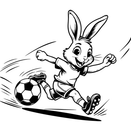 Cartoon rabbit kicks soccer ball in action coloring pageのイラスト素材