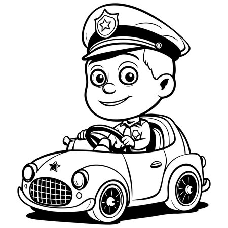 Cartoon police boy in small car coloring page for kidsのイラスト素材