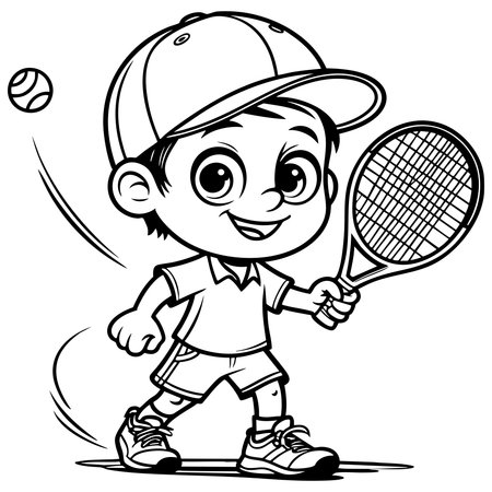 Happy boy with tennis racket playing tennis and smilingのイラスト素材