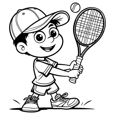 Happy boy with cap playing tennis holding racket and ballのイラスト素材